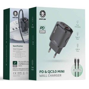 شارژر دیواری گرین لاین PD & QC3.0 Mini مدل GL-WC09 توان 20 وات با کابل لایتنینگ