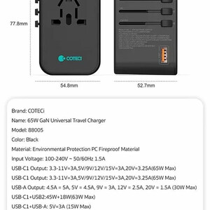 شارژر دیواری تایپ سی، یو اس بی و یک سوکت برق جهانی با دوشاخه‌های مختلف 65 وات کوتتسی