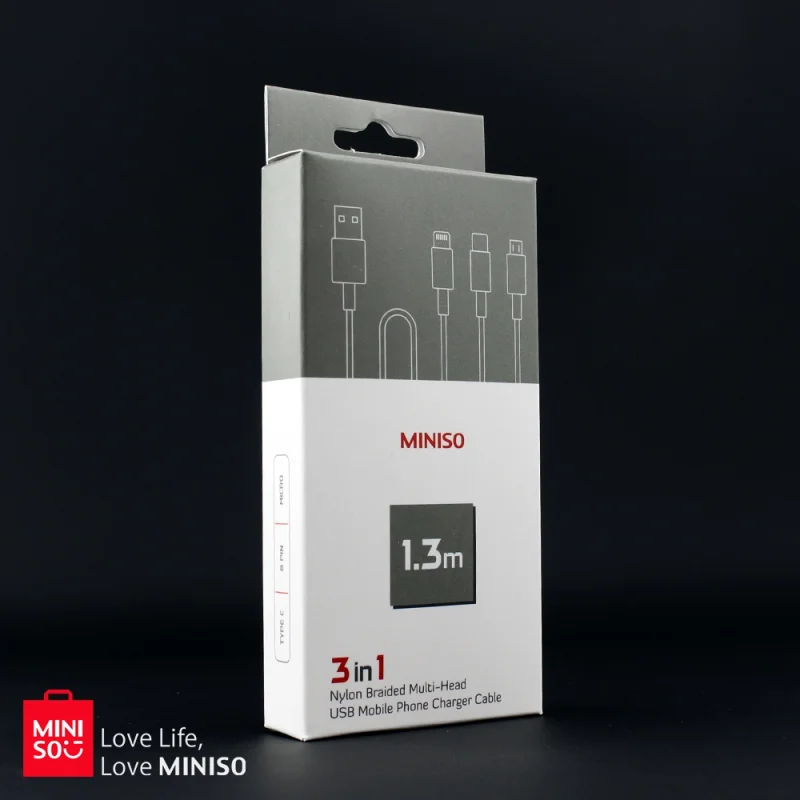 کابل شارژ ۳ کاره مینی‌سو (Miniso) مدل ۳ در ۱ - طول ۱.۲ متر – شارژ سریع و همزمان آیفون، اندروید و Type-C با تضمین اصالت و گارانتی ۱ هفته‌ای 🔌⚡