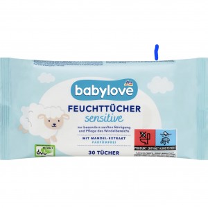 دستمال مرطوب بی‌عطر و الکل مخصوص پوست حساس نوزاد Babylove  تولید آلمان