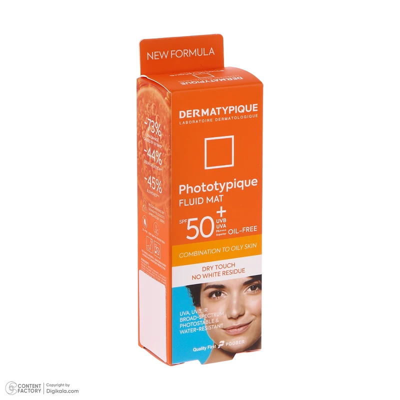 فلوئید ضدآفتاب بی‌رنگ درماتیپیک +SPF50 مدل SFM، مناسب پوست‌های چرب، حجم 50 میلی‌لیتر