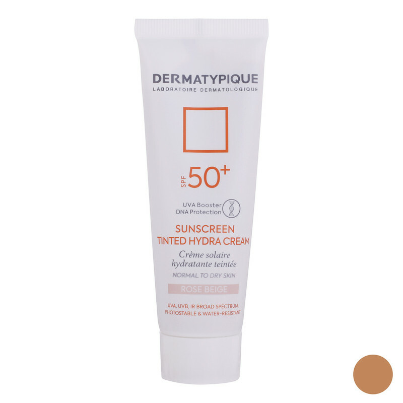 کرم ضد آفتاب رنگی درماتیپیک، 50 SPF، مدل هیدرا، مناسب پوست نرمال تا خشک تنالیته رنگ روشن و حجم 50 میلی‌لیتر، محافظت کننده در برابر اشعه UVA، UVB، IR، ضد آب، ضد خطوط ریز و پیری پوست، مرطوب کننده، التیام‌بخش، با ماندگاری 2 ساعته