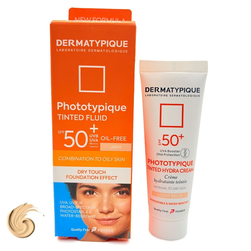 فلوئید ضدآفتاب رنگی درماتیپیک، 50 SPF، مدل TINTED FLUID، مناسب پوست مختلط تا چرب تنالیته رنگ  روشن و حجم 50 میلی‌لیتر، محافظت کننده در برابر اشعه UVA، UVB، IR، ضد آب، فاقد چربی، محافظ DNA سلولی، تنظیم کننده چربی و ضد پیری پوست، با ماندگاری 2 ساعته