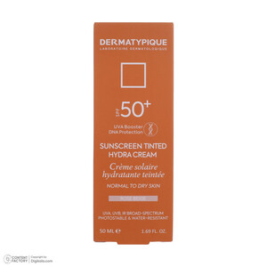 کرم ضد آفتاب رنگی درماتیپیک، 50 SPF، مدل هیدرا، مناسب پوست نرمال تا خشک تنالیته رنگ روشن و حجم 50 میلی‌لیتر، محافظت کننده در برابر اشعه UVA، UVB، IR، ضد آب، ضد خطوط ریز و پیری پوست، مرطوب کننده، التیام‌بخش، با ماندگاری 2 ساعته