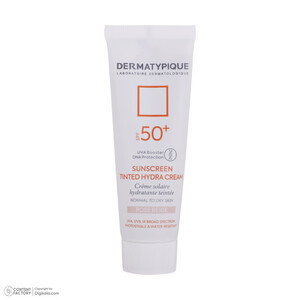 کرم ضد آفتاب رنگی درماتیپیک، 50 SPF، مدل هیدرا، مناسب پوست نرمال تا خشک تنالیته رنگ روشن و حجم 50 میلی‌لیتر، محافظت کننده در برابر اشعه UVA، UVB، IR، ضد آب، ضد خطوط ریز و پیری پوست، مرطوب کننده، التیام‌بخش، با ماندگاری 2 ساعته