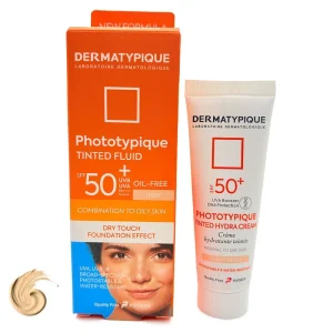 فلوئید ضدآفتاب رنگی درماتیپیک، 50 SPF، مدل TINTED FLUID، مناسب پوست مختلط تا چرب تنالیته رنگ  روشن و حجم 50 میلی‌لیتر، محافظت کننده در برابر اشعه UVA، UVB، IR، ضد آب، فاقد چربی، محافظ DNA سلولی، تنظیم کننده چربی و ضد پیری پوست، با ماندگاری 2 ساعته