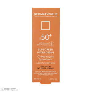 کرم ضدآفتاب بی‌رنگ درماتیپیک +SPF50 مدل هیدرا مناسب انواع پوست، حجم 50 میلی‌لیتر