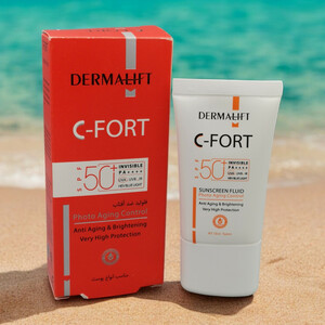 فلوئید ضد آفتاب بی رنگ درمالیفت SPF 50 مدل C-Fort ‌محافظ UVA ،UVB و PA++++، حاوی ویتامین C، ضد پیری، مناسب انواع پوست‌ حجم 40 میلی‌لیتر