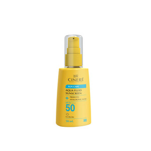 فلوئید ضد آفتاب بی‌رنگ سینره، 50 SPF، مدل PREBIOTIC، مناسب پوست‌های چرب با حجم 50 میلی‌لیتر، فاقد پارابن، محافظت‌کننده در برابر اشعه‌های UVA و PA ،UVB++++، دارای فرمولاسیون فاقد چربی و هیالورونیک اسید، با ماندگاری 2 ساعته