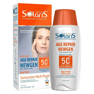 لوسیون ضد آفتاب بی‌رنگ آردن سولاریس، SPF 50، مدل Age Repair Newgen، مناسب انواع پوست با حجم 100 میلی لیتر، ضد آب و محافظت‌کننده در برابر اشعه‌های PA++++ ،UVA ،UVB، ضد پیری، دارای فرمولاسیون کلاژن، با ماندگاری ۲ ساعته