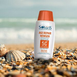 لوسیون ضد آفتاب بی‌رنگ آردن سولاریس، SPF 50، مدل Age Repair Newgen، مناسب انواع پوست با حجم 100 میلی لیتر، ضد آب و محافظت‌کننده در برابر اشعه‌های PA++++ ،UVA ،UVB، ضد پیری، دارای فرمولاسیون کلاژن، با ماندگاری ۲ ساعته
