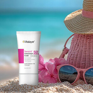 فلوئید ضد آفتاب بی‌رنگ ویتالیر، spf 50، مدل 0128، مناسب پوست های حساس با حجم 50 میلی‌لیتر، ضد حساسیت، محافظت‌کننده در برابر اشعه‌های UVA و UVB، دارای فرمولاسیون دی اکسید تیتانیوم و اکسید روی، با ماندگاری 2 ساعته