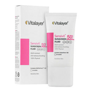 فلوئید ضد آفتاب بی‌رنگ ویتالیر، spf 50، مدل 0128، مناسب پوست های حساس با حجم 50 میلی‌لیتر، ضد حساسیت، محافظت‌کننده در برابر اشعه‌های UVA و UVB، دارای فرمولاسیون دی اکسید تیتانیوم و اکسید روی، با ماندگاری 2 ساعته