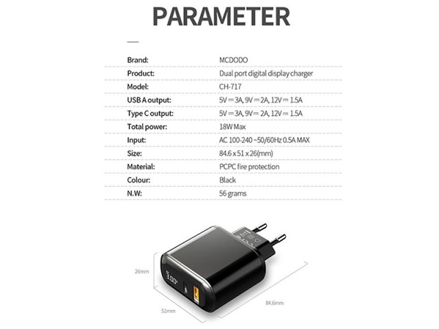 شارژر دیواری فست شارژ 18 وات مک دودو مدل CH-7171 بهمراه کابل تایپ سی به لایتنینگ