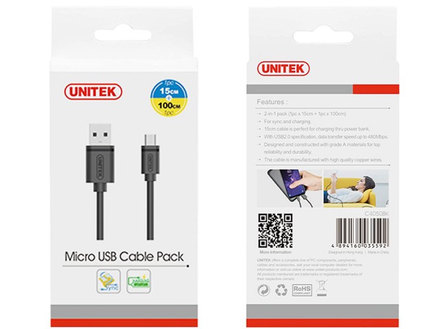 کابل تبدیل USB به MicroUSB یونیتک مدل C4050BK (پک 2 عددی)
