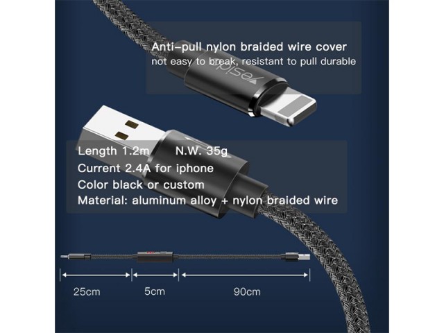 کابل فست شارژ لایتنینگ یسیدو مدل CA46 Timing Cut Off Data Cable دارای قطع کن تایمر دار