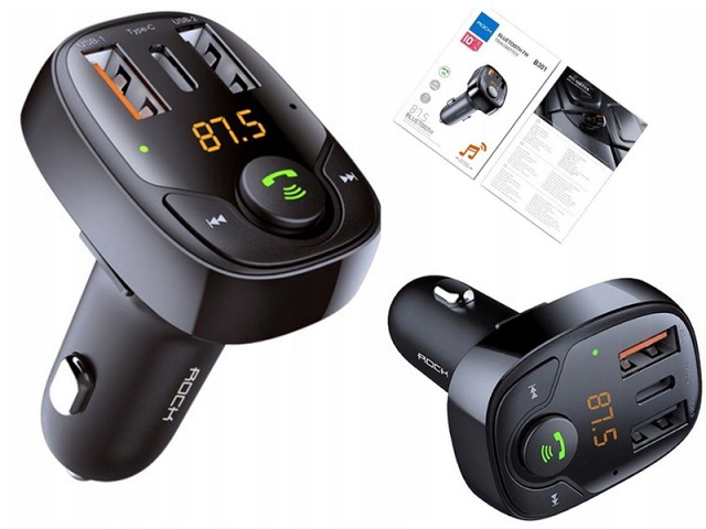 شارژر فندکی فست شارژ با قابلیت پخش موسیقی و مکالمه راک مدل B301 Bluetooth FM Transmitter
