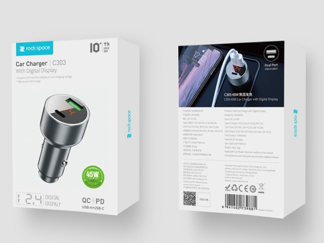 شارژر فندکی فست شارژ راک اسپیس مدل RAU0680 C303 45W Car Charger with Digital Display