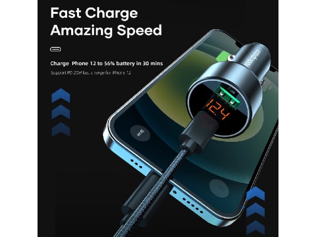 شارژر فندکی فست شارژ راک اسپیس مدل RAU0680 C303 45W Car Charger with Digital Display