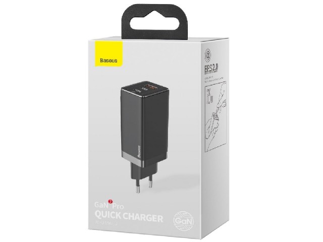 شارژر دیواری فست شارژ 65 وات بیسوس مدل GaN2 Pro CCGAN2P-B01 بهمراه کابل دو سر تایپ سی