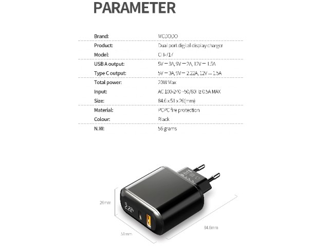 شارژر دیواری فست شارژ 20 وات مک دودو مدل CH-7170