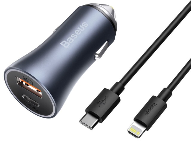 شارژر فندکی 40 وات بیسوس مدل Golden Contactor Pro Dual Quick Charger CCJD-0G بهمراه کابل تایپ سی به لایتنینگ