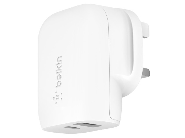 شارژر دیواری فست شارژ 32 وات بلکین مدل USB-C + USB-A Wall Charger WCB004myWH