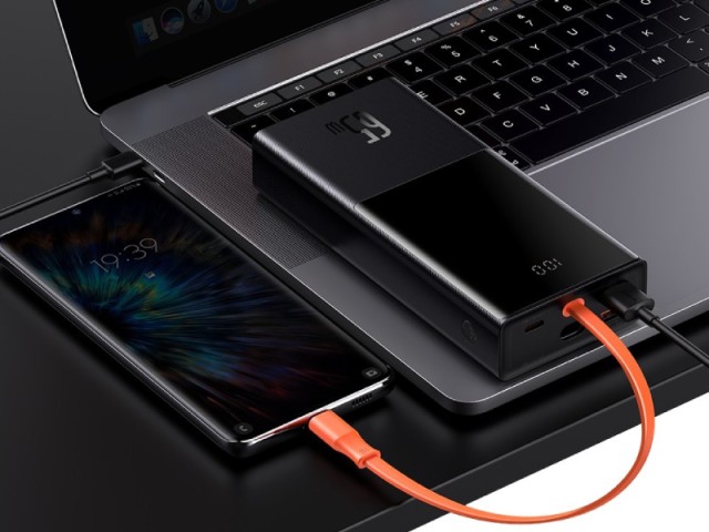 پاوربانک فست شارژ 20000 میلی آمپر بیسوس Elf Digital Display PPJL000001 توان 65 وات با کابل متصل تایپ سی
