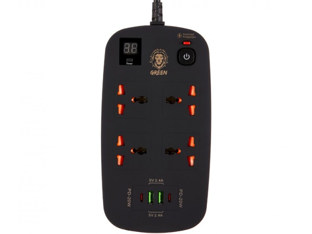 چند راهی برق تایمردار گرین مدل GNPS2PDBK (دارای 2 پورت USB و 2 پورت Type-C)