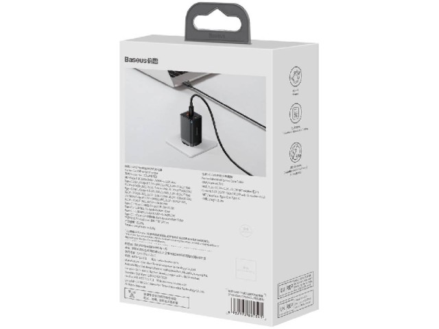 شارژر دیواری فست شارژ 65 وات بیسوس مدل GaN3 Pro CCGP050101 بهمراه کابل دو سر تایپ سی