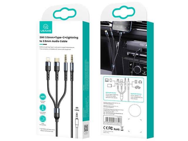 کابل سه‌سر جک 3.5 به تایپ‌سی، لایتنینگ و جک 3.5 یوسمز مدل US-SJ556