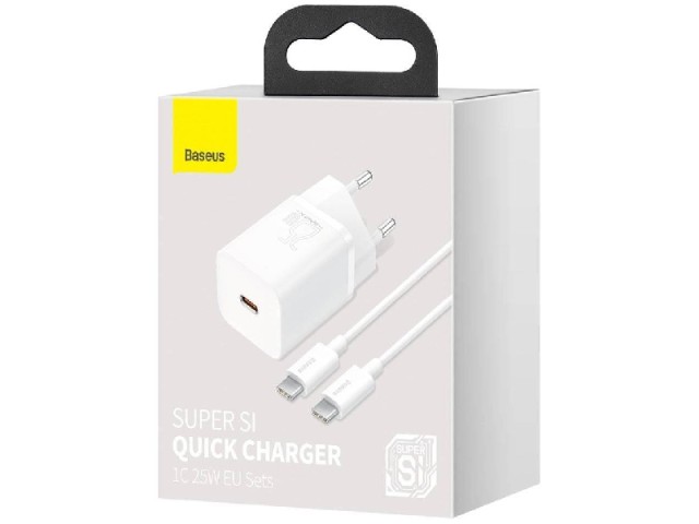 شارژر دیواری فست شارژ 25 وات بیسوس مدل Super Si Quick Charger 1C 25W CCCJG25CE TZCCSUP-L02 بهمراه کابل دو سر تایپ سی