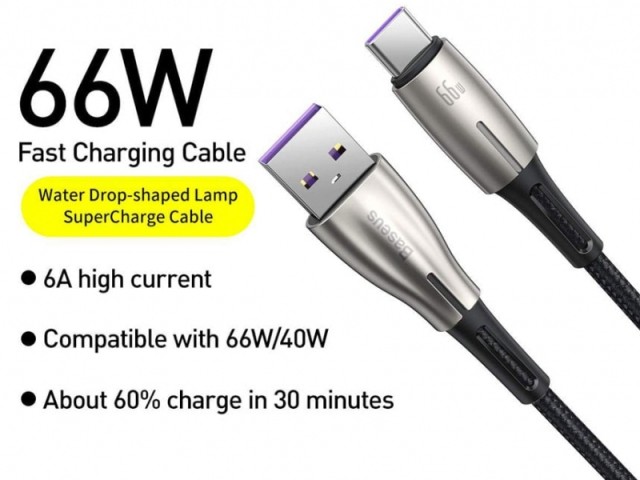 کابل سوپر شارژ تایپ سی بیسوس مدل Water Drop-Shaped Lamp Supercharge Cable 66W CATSD-M01 به طول 1 متر