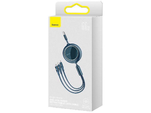 کابل قرقره‌ای فست شارژ سه سر بیسوس مدل Bright Mirror Retractable 66W CAMLC-MJ01