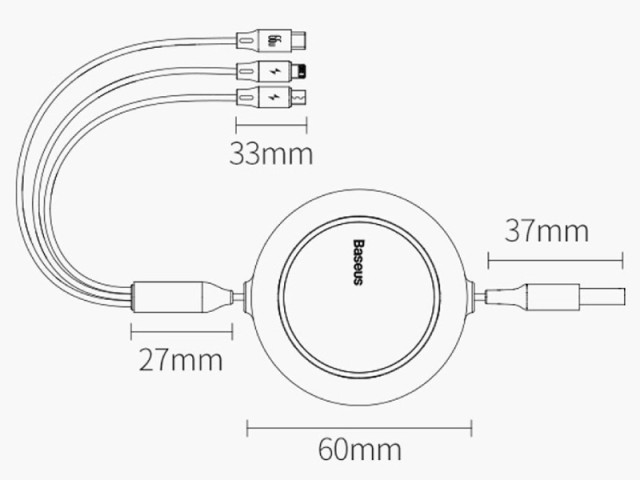 کابل قرقره‌ای فست شارژ سه سر بیسوس مدل Bright Mirror Retractable 66W CAMLC-MJ01