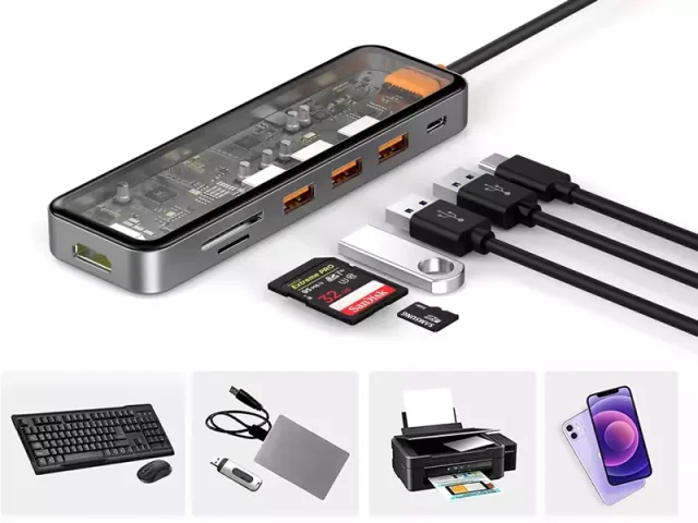 هاب تایپ سی 7 پورت ویوو مدل  CB007 TRANSPARENT 7 IN 1 CYBER USB-C HUB