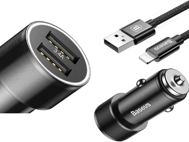 شارژر فندکی بیسوس مدل Small Screw 3.4 A Dual-USB iP Car Charging Set