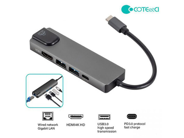 مبدل تایپ سی کوتتسی Coteetci HDMI USB3.0*2 ·PD3.0 Gigabit Ethernet 16002