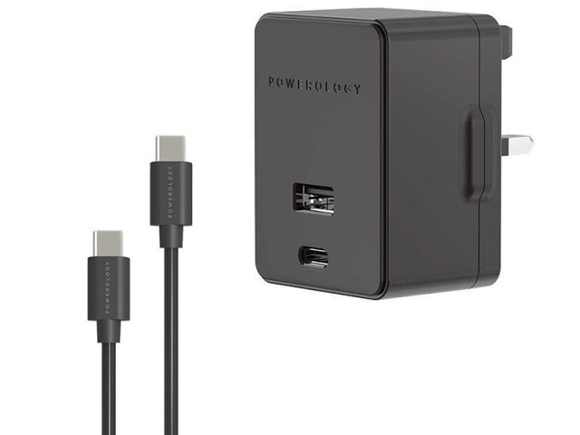 آداپتور شارژ سریع پاورولوژی مدل Ultra Quick PD Charger with Dual port بهمراه کابل شارژ تایپ سی