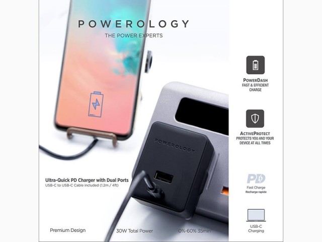 آداپتور شارژ سریع پاورولوژی مدل Ultra Quick PD Charger with Dual port بهمراه کابل شارژ تایپ سی