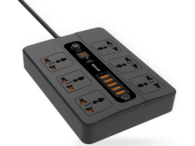 چندراهی 6 سوکت 5 یو اس بی و 1 تایپ سی برق پرودو Porodo Multiport Socket Charger PD-FWCH003-BK