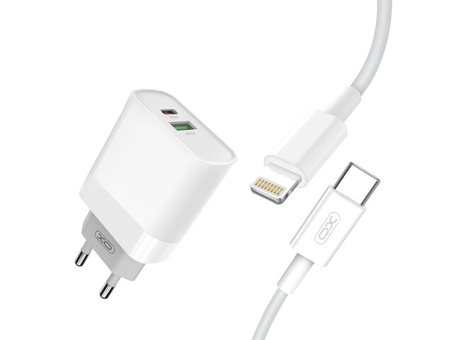 شارژر دیواری فست شارژ تایپ‌سی و یواس‎بی همراه کابل لایتنینگ ایکس‌او XO 18W FAST EU QC3.0+PD FAST charger with type-c fast cable iphon L64