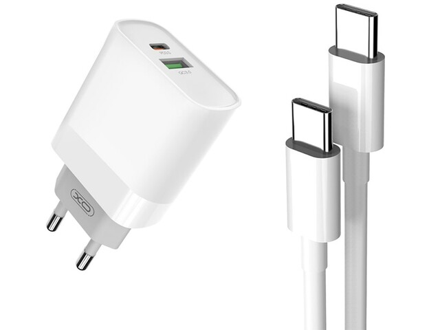 شارژر دیواری فست شارژ تایپ‌سی و یواس‎بی همراه کابل تایپ‌سی ایکس‌او XO 18W FAST EU QC3.0+PD FAST charger with type-c fast cable type-c L64