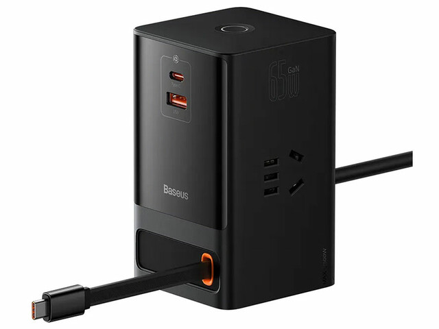 شارژر دیواری و آداپتور برق سوپر فست شارژ 65 وات با کابل تایپ سی جمع شونده بیسوس Baseus Gan5 Pro Digital Power Strip PSLR000001