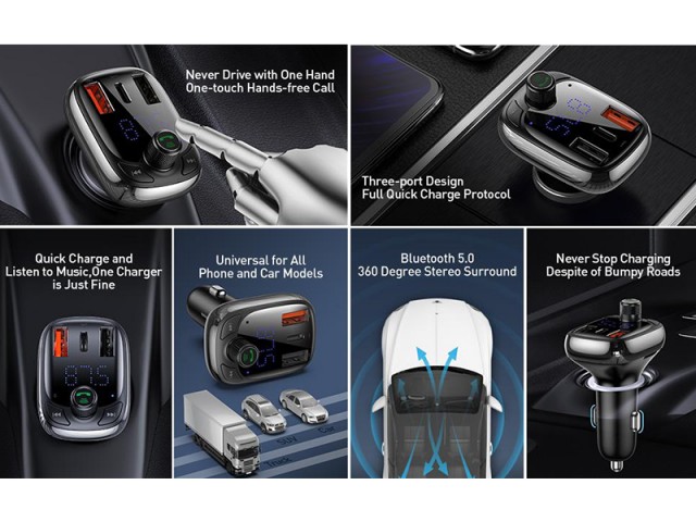 شارژر فندکی و پخش کننده بلوتوث بیسوس مدل S13 T-Type Wireless MP3 Charger با قابلیت مکالمه
