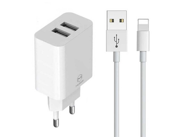 شارژر دیواری و کابل شارژ لایتنینگ مک دودو Mcdodo CH-6720 Dual USB Travel Charger Set