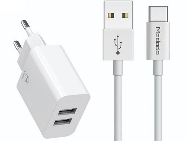 شارژر دیواری و کابل شارژ تایپ سی مک دودو Mcdodo CH-6721 Dual USB Travel Charger Set