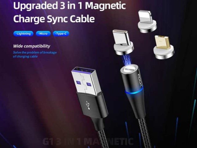 کابل مگنتی سه کاره راک مدل RCB0729 G1 3 In 1 Magnetic Cable