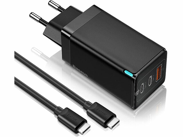 شارژر دیواری سریع سه پورت و کابل تایپ سی بیسوس Baseus CCGaN65E2 GaN2 Pro 65W Charger