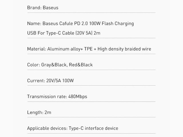 کابل شارژ سریع و انتقال داده تایپ سی به تایپ سی 100 وات 2 متری بیسوس Baseus Cafule PD2.0 100W Type-C to Type-C cable 2m